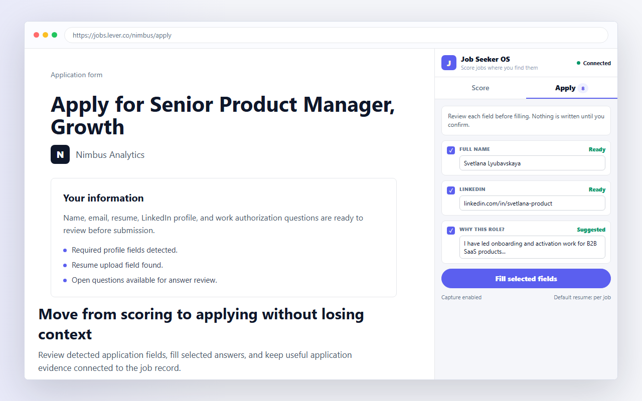 Chrome extension side panel showing apply workflow guidance