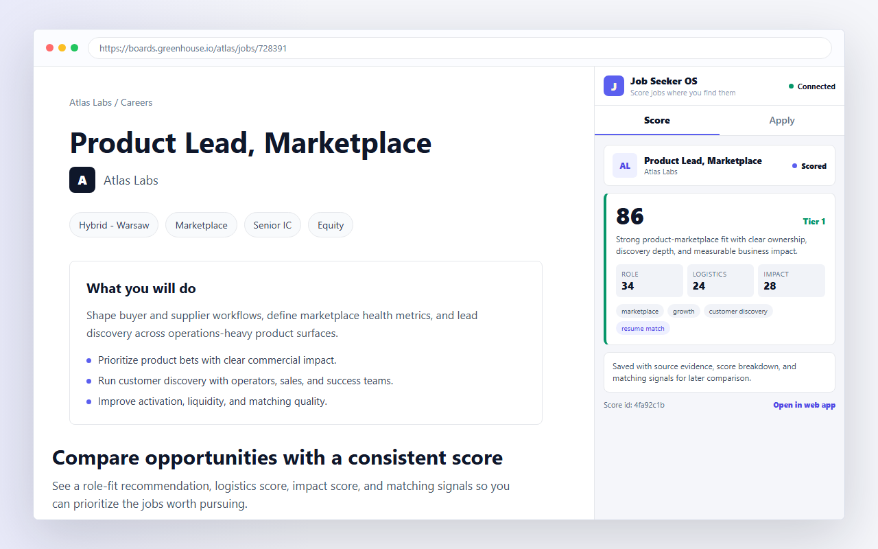 Chrome extension side panel showing a scored job with match breakdown