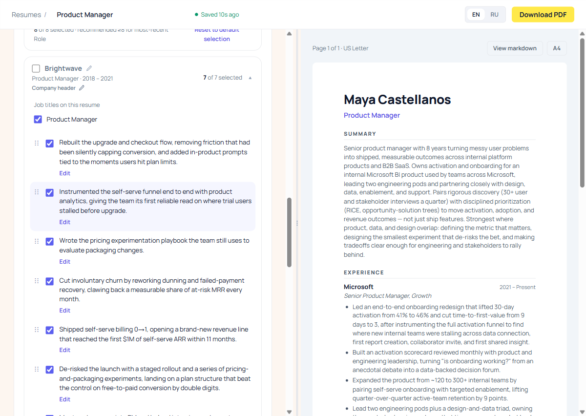 Manual resume builder with an entire company unchecked, so the whole role is removed from the resume preview