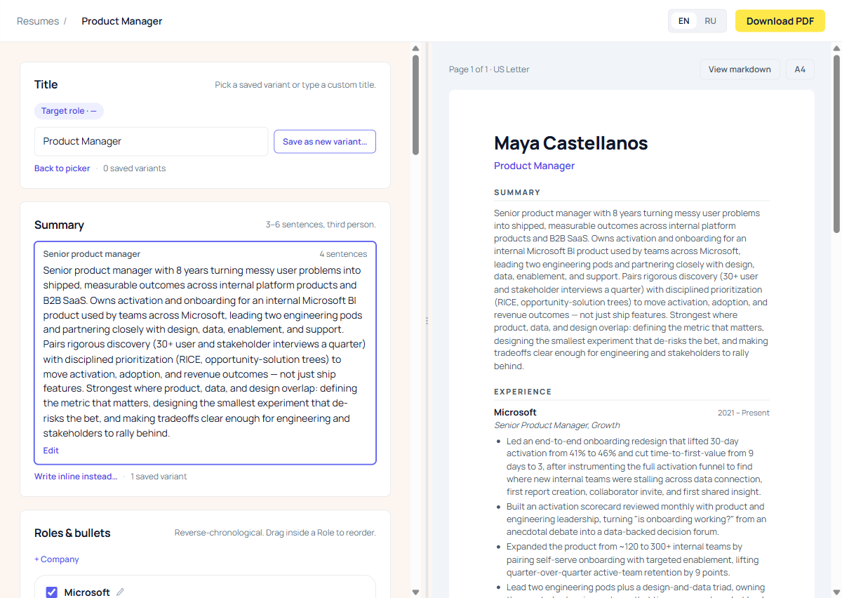 Job Seeker OS manual resume builder with the editor on the left and a live resume preview on the right