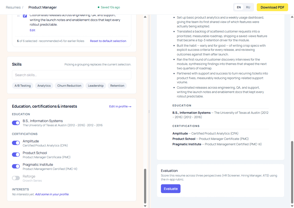 Manual resume builder with one certification toggled off, so it disappears from the resume preview